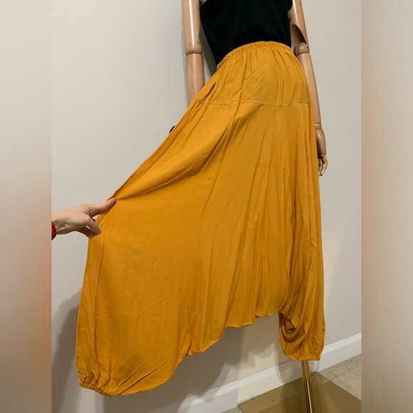 Mustard Yellow with Pink Floral Hobo Embroidered Low Harem Baggy Pants - Picture 3 of 16